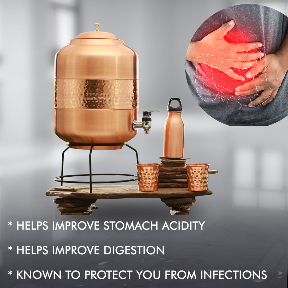 11 Ltr Copper Water Dispenser + 2 Glasses & Stand with Free 300ml Copper Bottle (EL16)