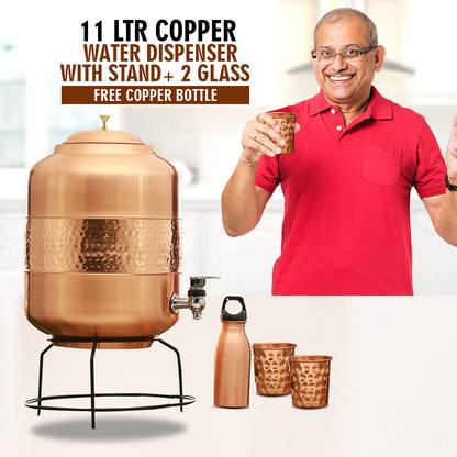 11 Ltr Copper Water Dispenser + 2 Glasses & Stand with Free 300ml Copper Bottle (EL16)